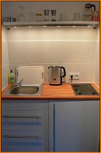 eine kleine Küche mit einer Spüle und einer Theke in der Unterkunft Ferienapartment B707 in Lahnstein