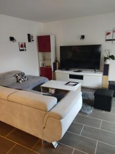 a living room with a couch and a flat screen tv at chez fifi in Saint-Brevin-les-Pins