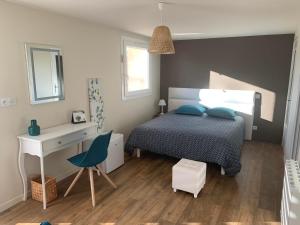 Schlafzimmer mit einem Bett, einem Schreibtisch und einem Spiegel in der Unterkunft Domaine de Jarentin - Chambres d'hôtes in Saint-Marcel-de-Félines