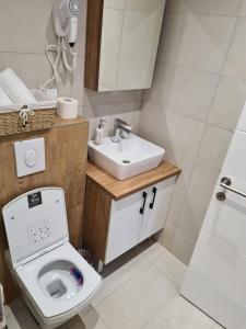 La salle de bains est pourvue de toilettes blanches et d'un lavabo. dans l'établissement Glass Apartmani, à Novi Pazar