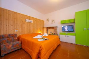 a bedroom with a bed and a couch and a television at Appartamenti Secrel in Tremosine Sul Garda