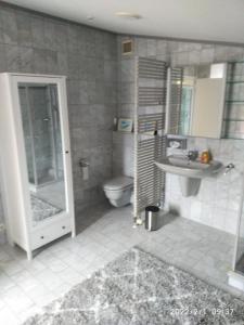 a bathroom with a shower toilet and a sink at Ferienwohnung Christine in Jever