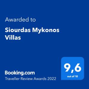 Certifikat, nagrada, logo ili neki drugi dokument izložen u objektu Siourdas Mykonos Villas
