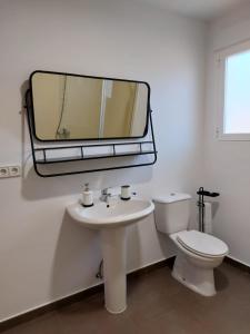 ein Badezimmer mit einem Waschbecken, einem WC und einem Spiegel in der Unterkunft Apartamento JALAMA 1D in Moraleja