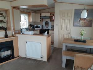 a kitchen with a living room with a fireplace at 24 The Beeches Caravan Park in Gilcrux