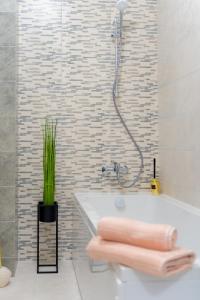 New Apartments IuliusMall-Apartamente cu 2 camere في ياش: حمام مع حوض ودش وحوض استحمام