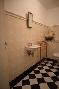 a bathroom with a sink and a checkered floor at Landhaus pur in Geschendorf