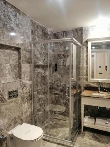 uma casa de banho com um chuveiro, um WC e um lavatório. em PRAG HOTEL em Istambul