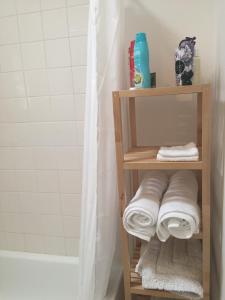 a bathroom with a shower and a shelf with towels at Black Cat Retreat holiday home in Nildottie +42 photos