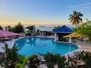 a large blue swimming pool with the ocean in the background at casaenjoysamana in Los Naranjos