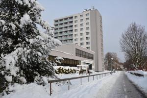una calle cubierta de nieve frente a un edificio en PATRIA HOTEL, en Trutnov