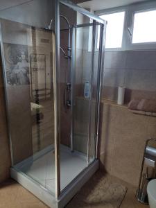 a shower with a glass door in a bathroom at Apartment First December in Oradea