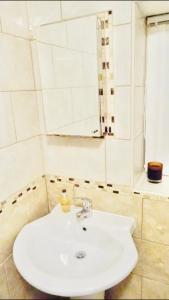 a bathroom with a white sink and a mirror at Wild Coastal Retreat at Troed Y Rhiw Aberporth in Aberporth