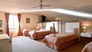 a hotel room with two beds and a ceiling fan at Villa Moria Peace Cottage in Dullstroom