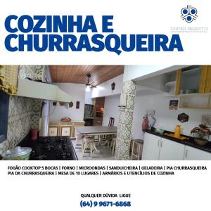 a magazine advertisement for a kitchen and a dining room at Casa com piscina, churrasqueira, 3 suítes com ar condicionado in Caldas Novas
