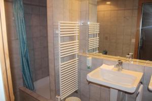 a bathroom with a sink and a shower at Gemeinschaftshaus im Oberdorf in Lützelflüh