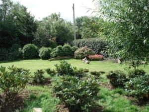 a garden with a dog laying in the grass at The Stable in Hailsham