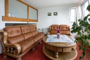 a living room with a leather couch and a table at Appart Hotel Roßdorf in Roßdorf