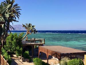 a view of the beach with a pier and the ocean at Villa Kon Tiki with private beach in Dahab