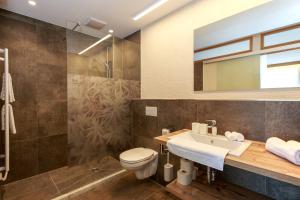 een badkamer met een wastafel, een toilet en een douche bij Apart Lutz in Prutz