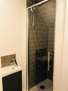 a bathroom with a shower with a sink and a toilet at The Attic Suite Selsey in Selsey
