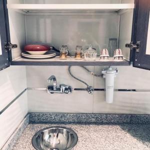 a kitchen counter with a sink in a kitchen at Atlantis International Hotel Apartments in Kuwait