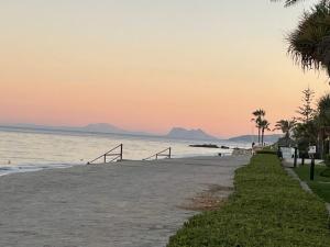 - une plage avec des palmiers et l'océan au coucher du soleil dans l'établissement El Lobo de Mar Estepona, à Estepona