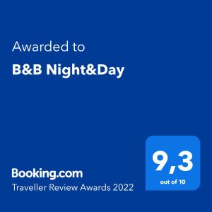 a blue text box with the words awarded to bbb night and day at B&B Night&Day in Reggio Calabria