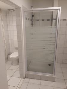 y baño con ducha de cristal y aseo. en Ferienwohnung Antik en Gotha