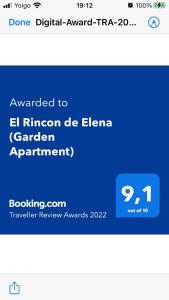 Certifikát, hodnocení, plakát nebo jiný dokument vystavený v ubytování El Rincon de Elena (Garden Apartment)