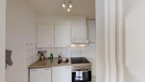 a small kitchen with white cabinets and a sink at Unique Serviced Living @ St. Johann Davidsrain in Basel