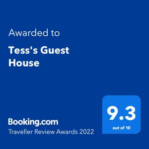 a screenshot of a text box with the text awarded to tests guest house at Tess's Guest House R95K6N1 This Property is unsuitable for children under 12 years old in Freshford