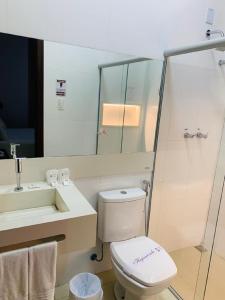 W łazience znajduje się toaleta, umywalka i lustro. w obiekcie Hotel Lenheiros w mieście São João del Rei
