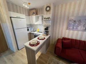 a small kitchen with a white refrigerator and a red couch at Classic Suite SS5 in Istanbul