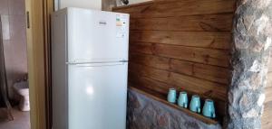 a white refrigerator in a kitchen with a wooden wall at Cabañas La Rústica in Bialet Massé