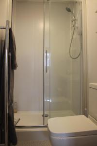 ein Bad mit einer Glasdusche und einem WC in der Unterkunft Torbay Annexe in Torquay