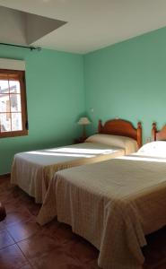 two beds in a room with green walls at El encinar de las Hoces - Vivienda de uso turístico in Castrillo de Sepúlveda