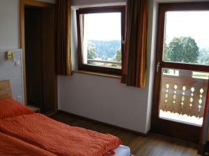 a bedroom with a bed and two windows with a view at Pension Haus Maria in Ramsau am Dachstein
