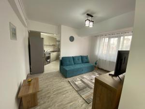 ein Wohnzimmer mit einem blauen Sofa und einem TV in der Unterkunft Renting Solutions Deluxe in Iaşi
