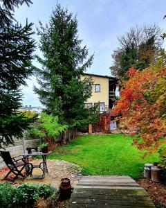 um quintal com uma mesa de piquenique e uma árvore em Babie Lato b&b em Uniejow