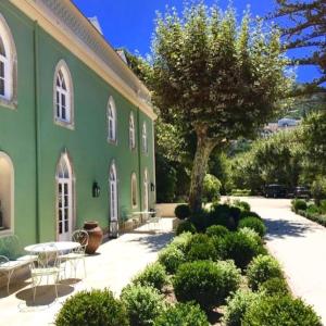 ein grünes Gebäude mit einem Tisch und einem Baum in der Unterkunft Casa Holstein Quinta de Sao Sebastiao Sintra in Sintra