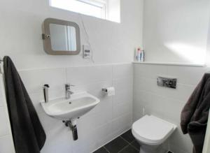 a bathroom with a sink and a toilet and a mirror at Cheerful house, private room and private shower/ toilet. comfortable king size mattress in Colchester