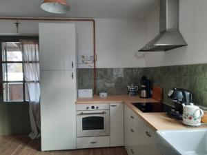 a kitchen with a white stove top oven next to a sink at Podzamcze15 in Kazimierz Dolny