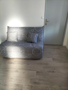 eine graue Couch mit Kissen auf einem Holzboden in der Unterkunft Appartement 2 pièces in Rive-de-Gier