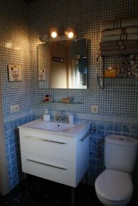 ein Badezimmer mit einem Waschbecken, einem WC und einem Spiegel in der Unterkunft El Mas Prat in Vall de Bianya
