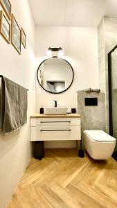 W łazience znajduje się umywalka, lustro i toaleta. w obiekcie Apartament Urodzajna w Bielsku Białej