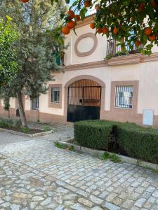 an entrance to a building with an orange tree at Sevilla. Gerena Casa Rural para familia o profesionales in Gerena