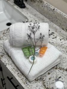 een badkamerbar met handdoeken en een plant erop bij Beautiful 3 bedroom home located near Yosemite in Oakhurst