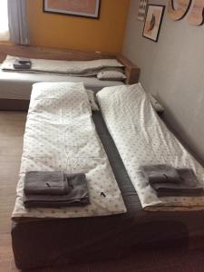 two twin beds in a room with towels on them at Apartmani A in Kopaonik