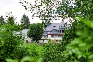 ein großes Haus wird durch die Bäume gesehen in der Unterkunft Haus Seeblick in Dippoldiswalde